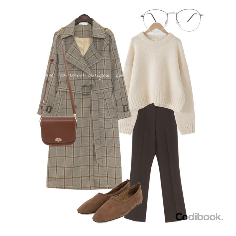 somedayif 앤트 글래스,common unique PONTI CHECK DOUBLE TRENCH COAT,From Beginning 올슨 미니플랩숄더백 (2color)등을 매치한 코디