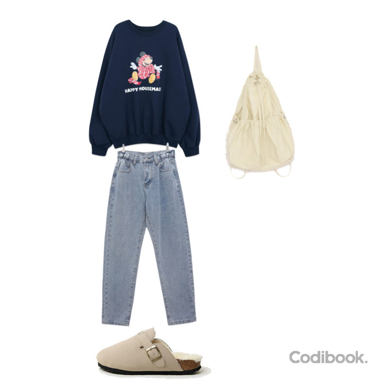 common unique TIVA POCKET STRING BACKPACK,BULLANG GIRL 피브 밴딩 데님 팬츠,LOVELY SHOES 나에즈 퍼 블로퍼 3cm등을 매치한 코디