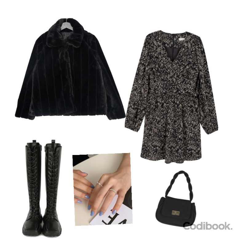 lavenir (silver925) dart ring,somedayif 리프드 플로럴 미니 드레스,somedayif 마리 투웨이 체인 숄더 백등을 매치한 코디