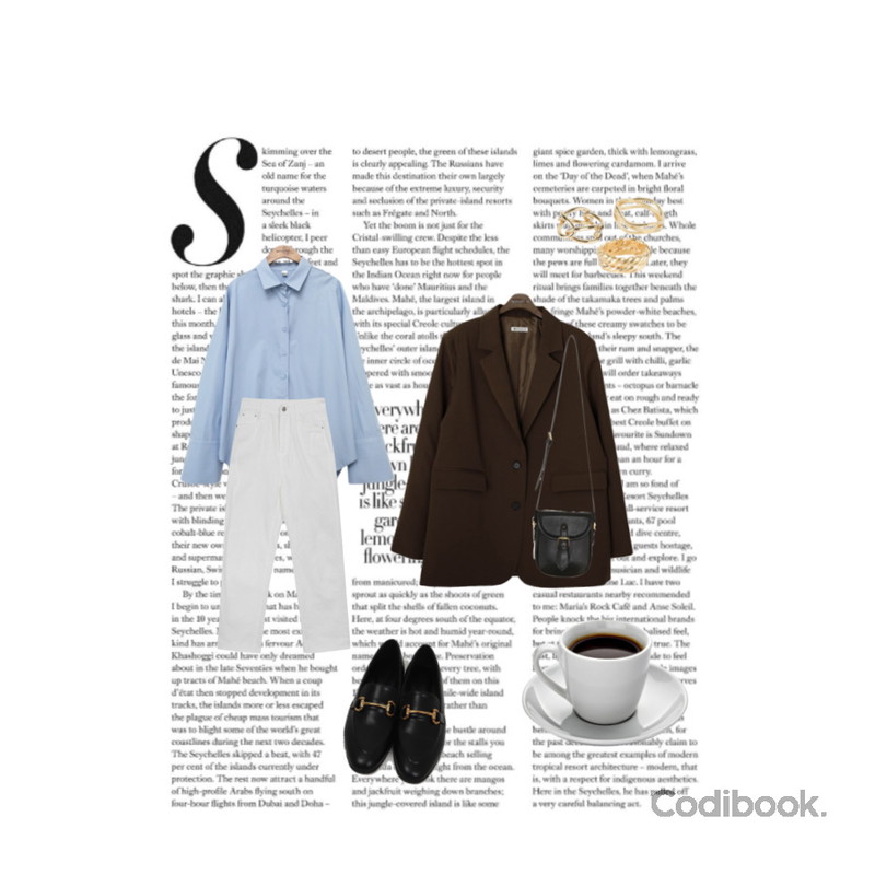 common unique BASIC WIDE CUFFS SHIRTS,binary01 루즈핏 페이브 싱글자켓,MIXXMIX 3136 썸머 데님 팬츠등을 매치한 코디