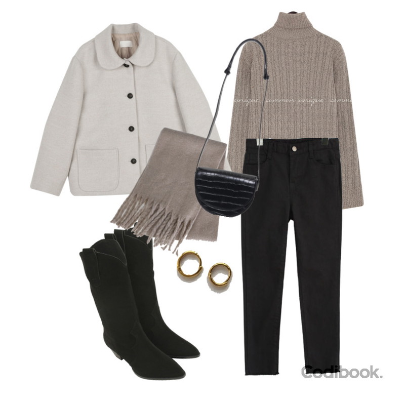 AFTERMONDAY various gold earring (3size),common unique BENEFIT COTTON SEMI SKINNY,From Beginning 파이톤 하프문크로스백 (3color)등을 매치한 코디