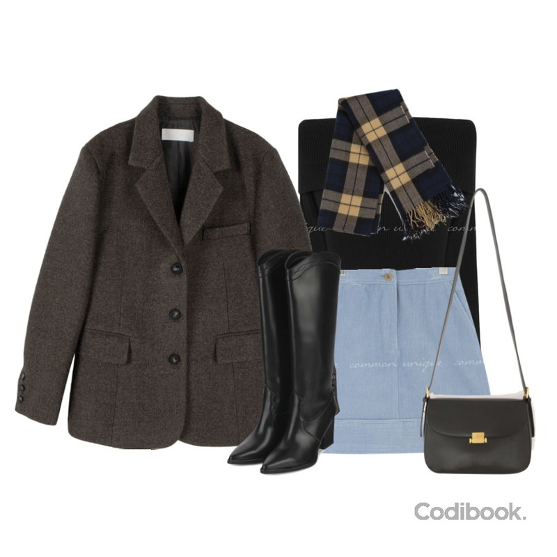 BANHARU 맥심 볼드체크 니트머플러,somedayif 로그 스탠다드 울 블레이저,common unique MOPINA 2 WAY SQUARE LEATHER BAG등을 매치한 코디