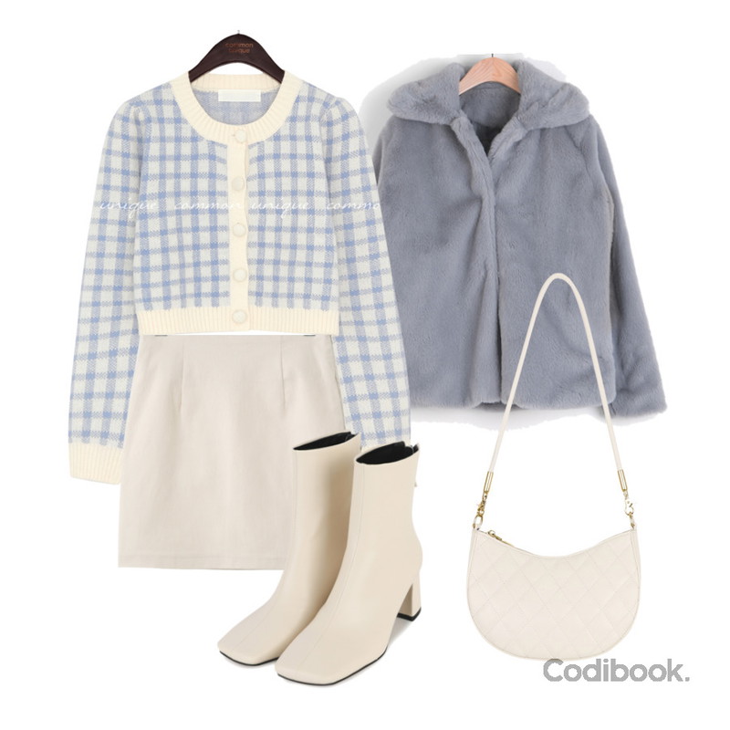 From Beginning 시즌 코튼미니스커트 (7color),common unique WOOL CHECK CROP KNIT CARDIGAN WITH CELEBRITY _ 효정(오마이걸) 착용,SOMEPLACE #Any place 베일 카라 퍼 자켓등을 매치한 코디