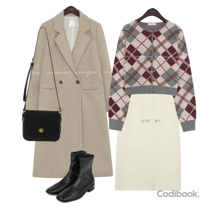 common unique FAY WOOL 50% ARGYLE KNIT CARDIGAN,common unique ORENT WOOL BOKASHI LONG COAT,somedayif 타이트 스키니 앵클 부츠등을 매치한 코디