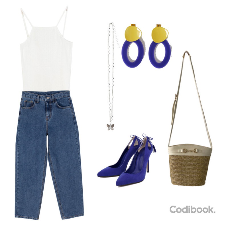 AIN back point stiletto heel (3 colors),BANHARU color point retro earring,dangosister 펀칭컬러나시(6c)등을 매치한 코디