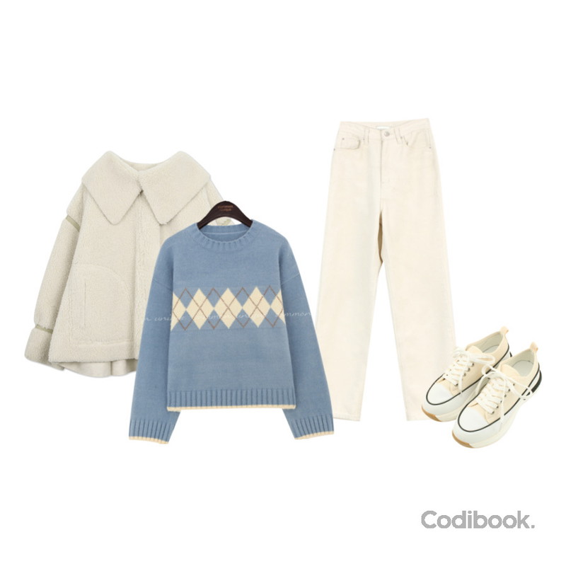 designershoes 통굽 캔버스화 끈 스니커즈 베이지,common unique BISTO ARGYLE ROUND KNIT,WONLOG 파이널 기모 팬츠등을 매치한 코디