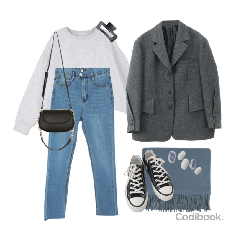 AFTERMONDAY basic casual color sneakers (10colors),square101 덴저 스퀘어 헤어핀(9color),somedayif 소프트 어텀 테슬 머플러등을 매치한 코디