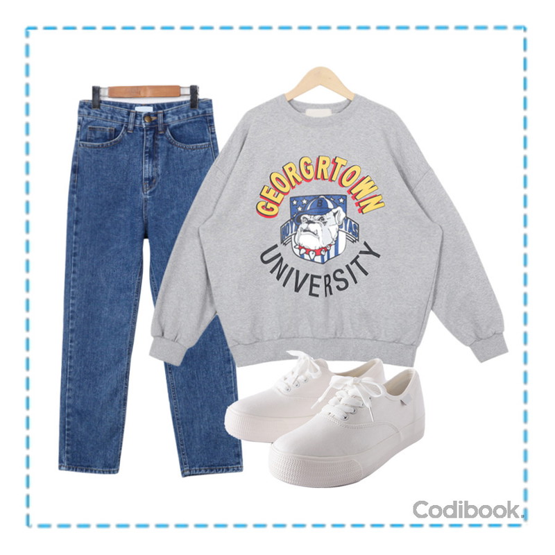 Reine 샌디 통굽 스니커즈,From Beginning Bulldog boxy fit mtm_Y (size :free),From Beginning Straight slim baggy denim pants_B (size : S,M)등을 매치한 코디