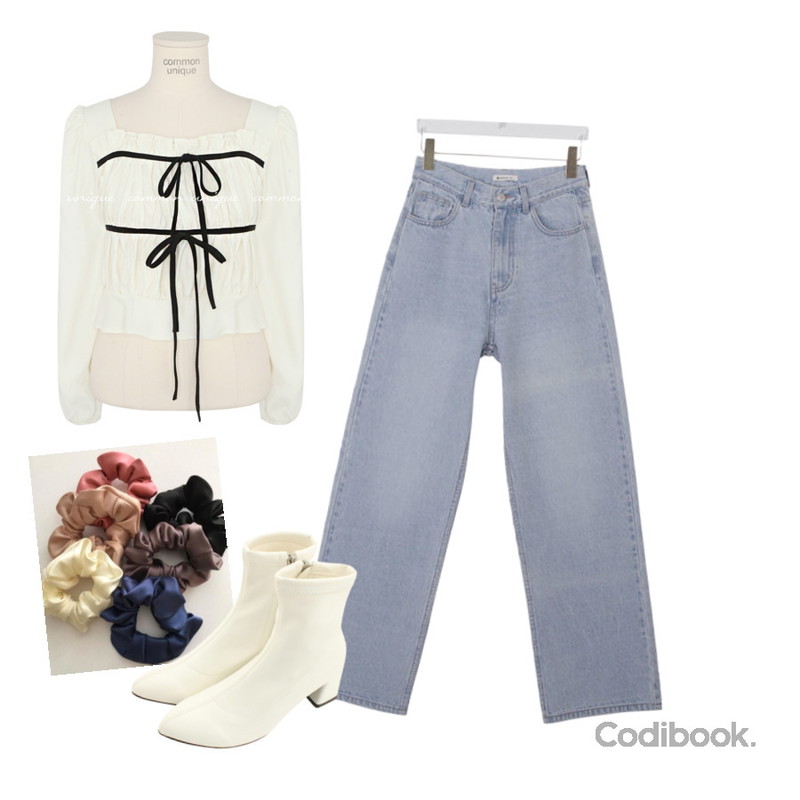 lavenir silk scrunchie,binary01 리오 와이드 데님팬츠,designershoes 스틸레토 스판 미들힐 앵클부츠 베이지등을 매치한 코디