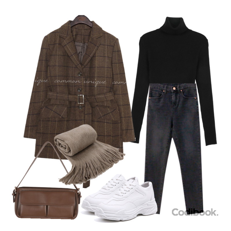 From Beginning 코지 와이드소프트머플러 (14color),Cats Onepiece 여성키높이운동화 5cm,common unique WOOL HERRINGBONE CHECK JACKET등을 매치한 코디