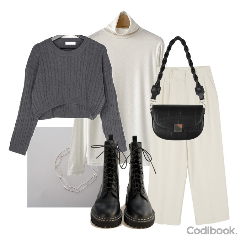 AFTERMONDAY leaf silhouette bracelet,BANHARU 베인 스티치 워커부츠,VANILLAMILK 롤링 꽈배기 언발 크롭 니트등을 매치한 코디