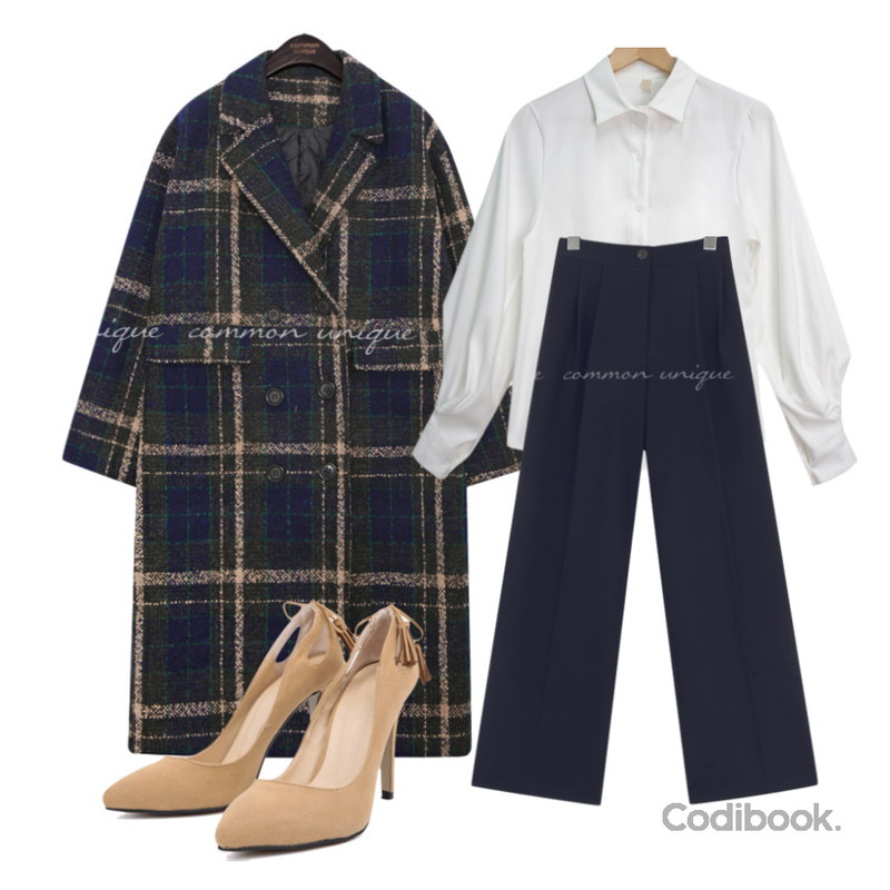 AIN back point stiletto heel (3 colors),common unique CLODY DOUBLE CHECK COAT,common unique TERU PINTUCK BANDING WIDE SLACKS등을 매치한 코디