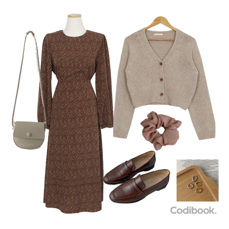 AWAB 무지미니슈슈곱창밴드,AWAB 블룸라운드롱원피스(3color),AWAB 아론울크롭가디건(4color/울60%)등을 매치한 코디