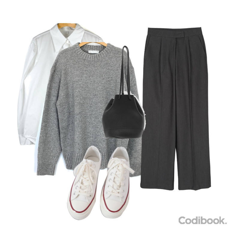 AFTERMONDAY basic casual color sneakers (10colors),somedayif 샌더 스트레이트 슬랙스,common unique ELIA LEATHER MINI BUCKET BAG등을 매치한 코디