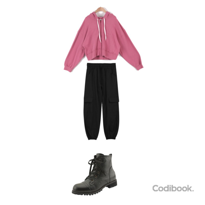 MIXXMIX 뮤엘 조거 팬츠,designershoes 소가죽 보이쉬 레이스업 플랫 워커 3cm,SOMEPLACE 디멜로 크롭 집업등을 매치한 코디
