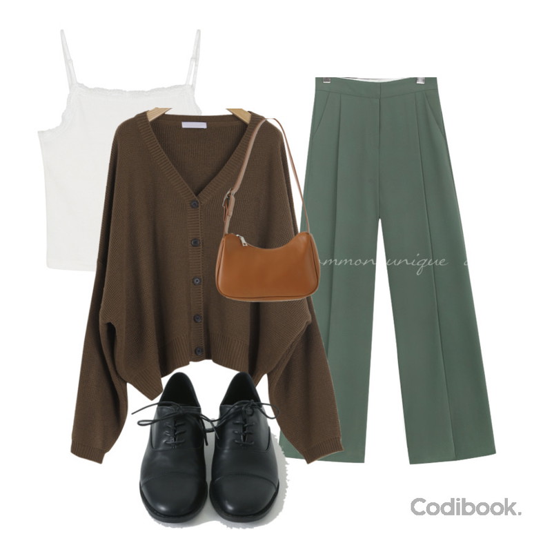 common unique ROAD PINTUCK WIDE LONG SLACKS,somedayif 이자벨 레이스 캐미솔,From Beginning 심플 보트숄더백 (3color)등을 매치한 코디