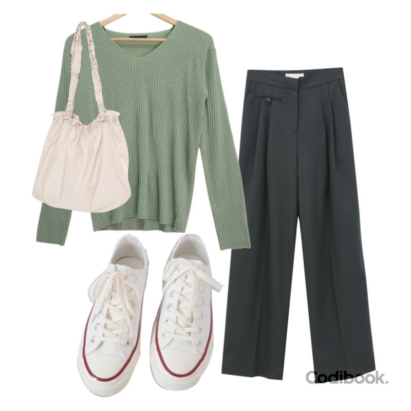 AFTERMONDAY basic casual color sneakers (10colors),From Beginning 셔링스트랩 에코숄더백 (3color),WONLOG 립 버튼 슬랙스등을 매치한 코디
