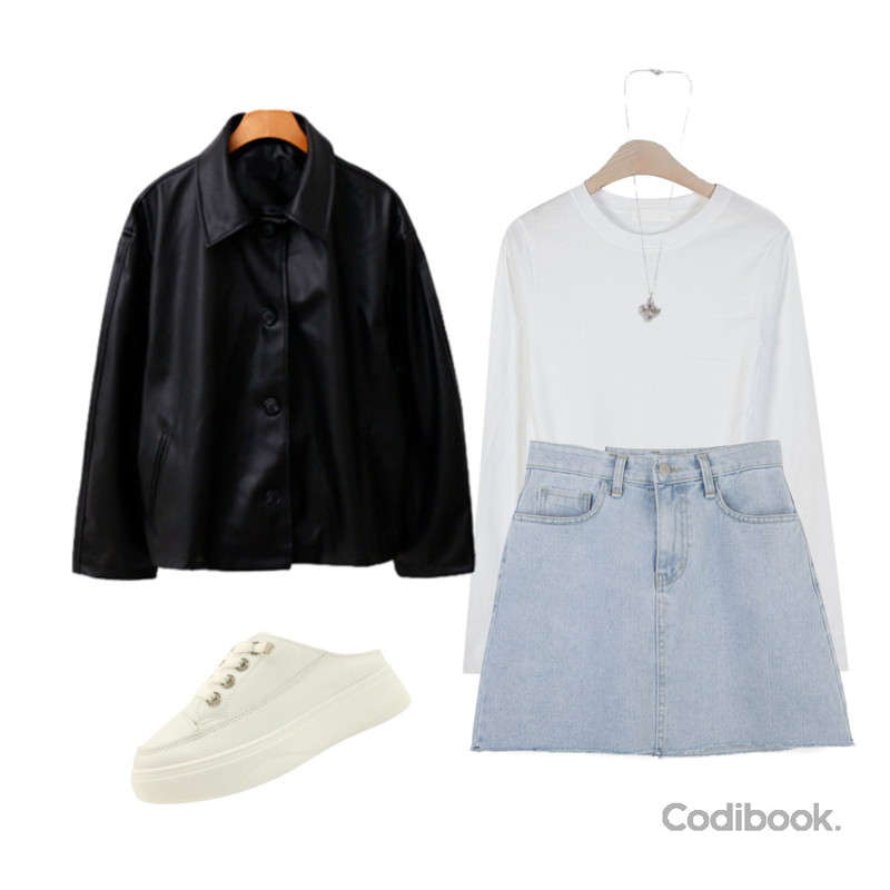 WHOSGIRL 짧지않게 편안하게 핏은 예쁘게:) 데님스커트,BANHARU 크로스 펜던트 체인목걸이,designershoes 키높이 스니커즈 뮬 슬리퍼 블랙등을 매치한 코디