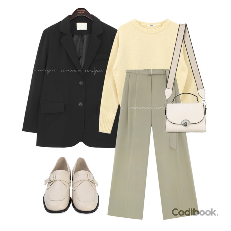 somedayif 카니 버클 로퍼,somedayif 피터 버클 스퀘어 숄더 백,common unique CLANNET SET-UP BELT WIDE SLACKS등을 매치한 코디