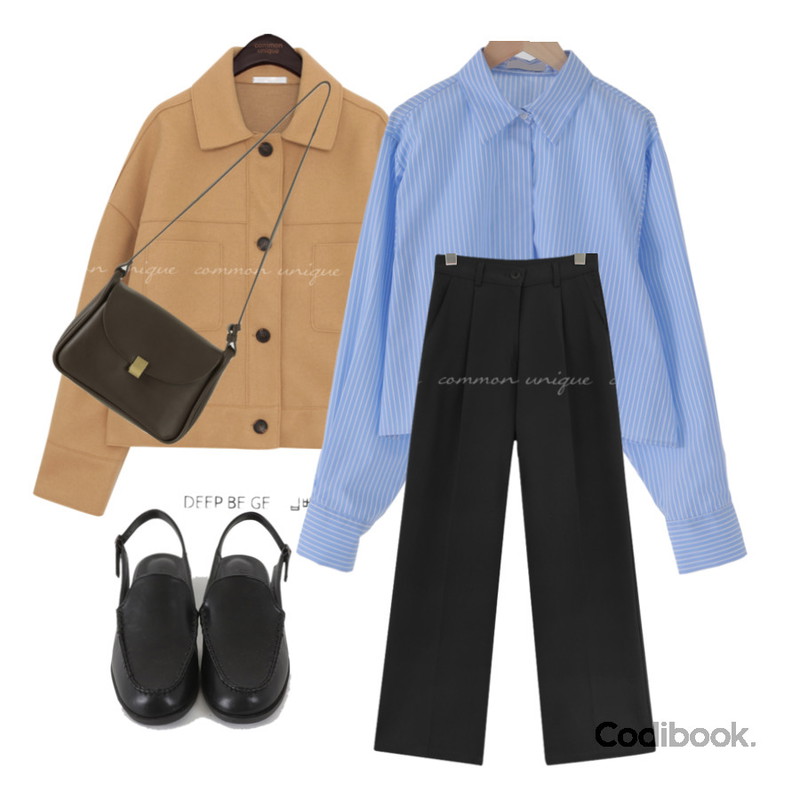 common unique MODEIN POCKET COLLAR JACKET,From Beginning 저널 스퀘어레더숄더백 (4color),From Beginning 랜드 스티치슬링백슈즈 (2color)등을 매치한 코디