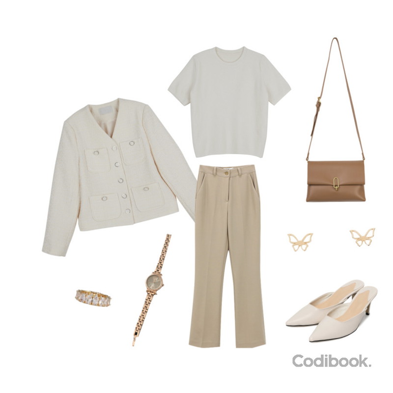 ENVYLOOK 큐빅메탈와치,somedayif 모던 버터플라이 이어링,square101 다즐링 볼드 링(2color)등을 매치한 코디