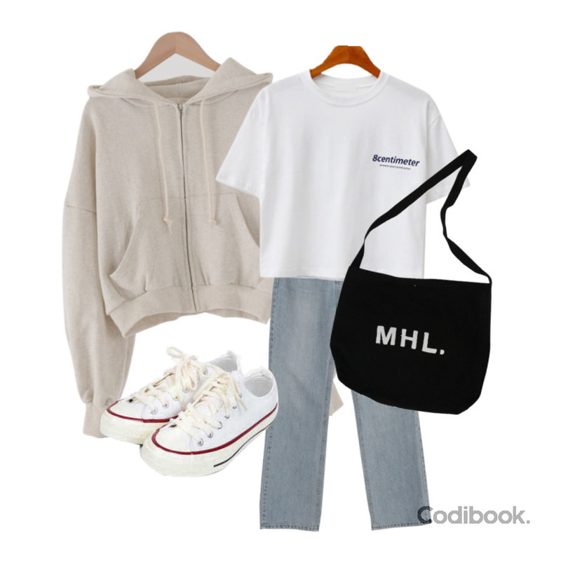 AIN taylor canvas sneakers (225-250),BITDA 호웰에코백 (3color),From Beginning 올데이 크롭후드집업 (12color)등을 매치한 코디