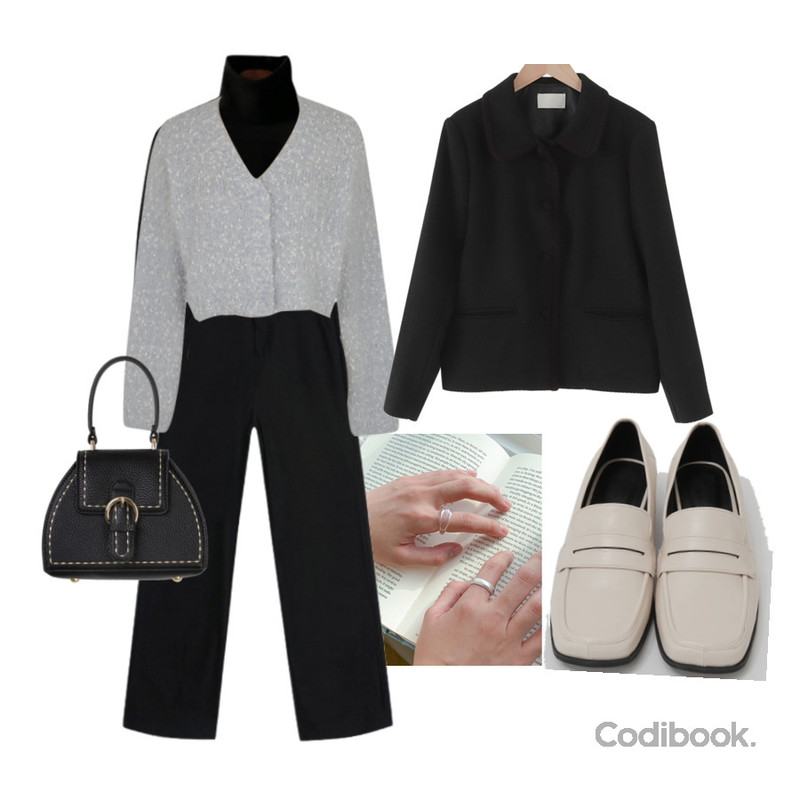 From Beginning Broad square toe loafer_C (size : 225,230,235,240,245,250),REDIT 오션 볼드 링,From Beginning 모네 라인트위드자켓 (2color)등을 매치한 코디