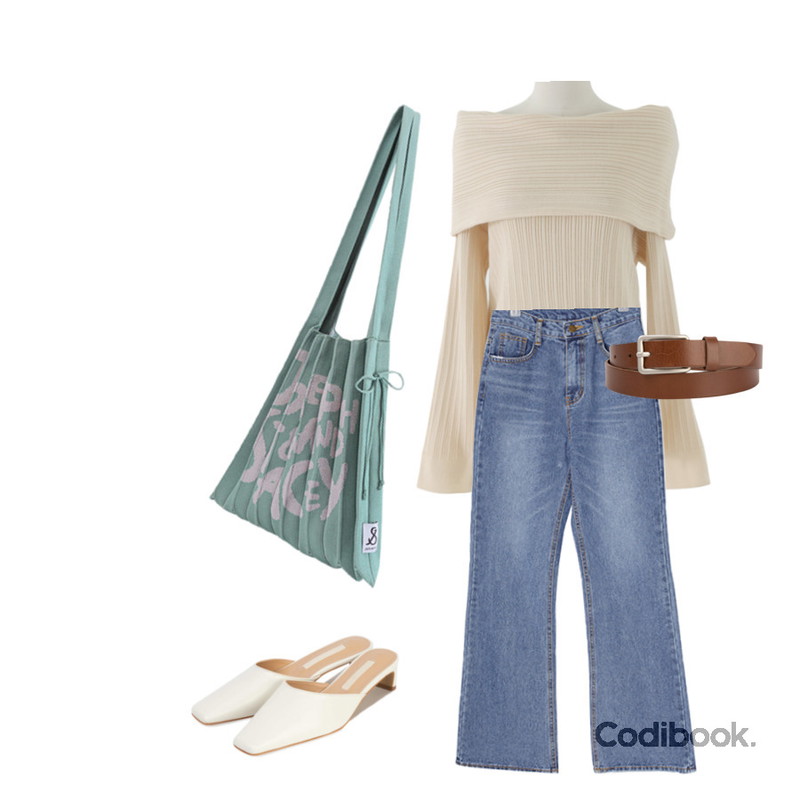 somedayif 에이든 스퀘어 벨트,From Beginning 마들렌 오프숄더니트 (3color),somedayif 토브 스퀘어 미들 힐 뮬등을 매치한 코디