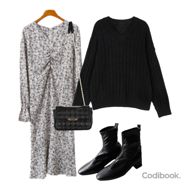 ENVYLOOK 캐슬셔링원피스,somedayif 볼륨 스퀘어 체인 숄더 백,somedayif 몬트 케이블 브이넥 니트등을 매치한 코디