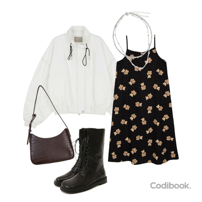 common unique SQUARE LACE-UP HIGH WALKER,somedayif 리아 애니멀 패턴 숄더 백,somedayif 테디 슬리브리스 미디 드레스등을 매치한 코디