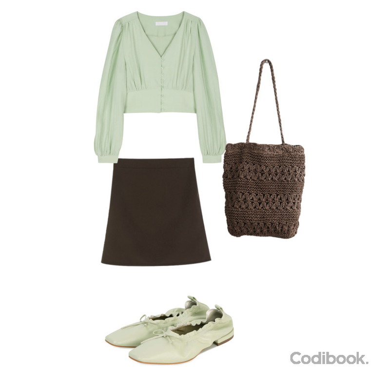 AFTERMONDAY sedge knitting bag (3colors),dangosister 젤리스판미니SK(5c)♥뒷밴딩,somedayif 레나 크롭 블라우스등을 매치한 코디