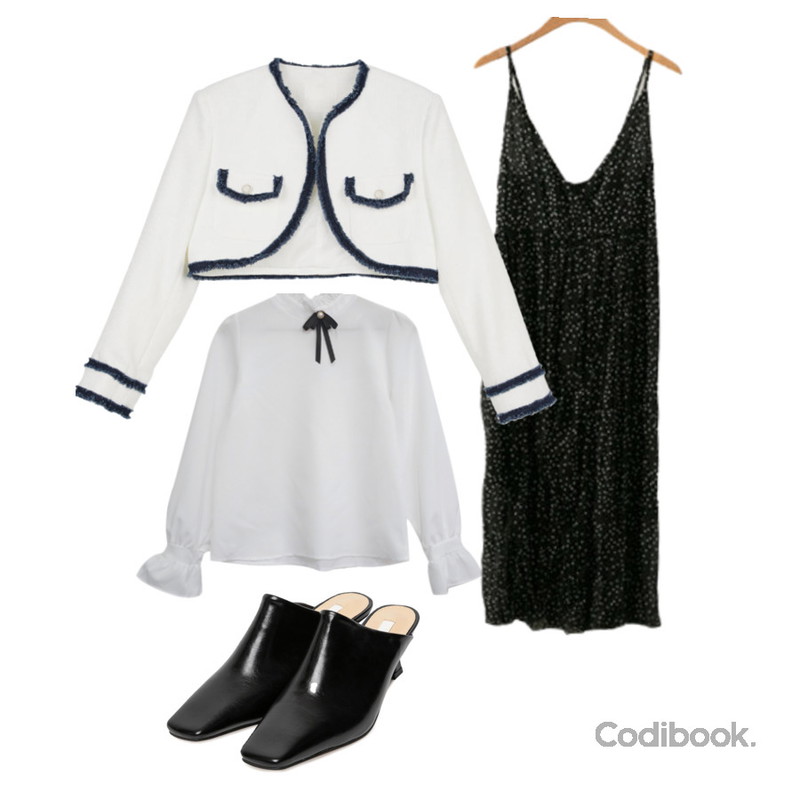somedayif 립스 하이 힐 뮬,ENVYLOOK 윙클도트원피스,BULLANG GIRL 브로치 러블리 프릴 블라우스등을 매치한 코디