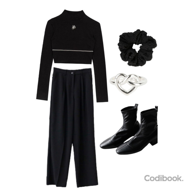 MIXXMIX HIDE Piping Crop Top (Black),somedayif 하트 프레즐 실버 링,ENVYLOOK 삭스앵글부츠등을 매치한 코디