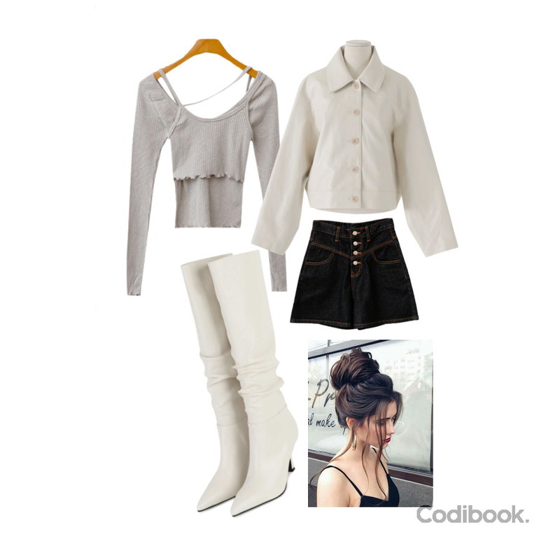somedayif 디카 링클 롱 부츠,ENVYLOOK 트니하이다크팬츠,ENVYLOOK 레이어슬림티등을 매치한 코디