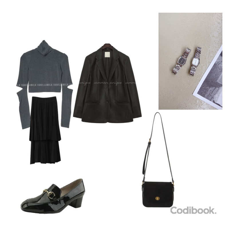 common unique TODY LEATHER SINGLE JACKET,common unique CASIO SQUARE METAL WATCH,designershoes 사각코 로퍼힐 부티 펌프스 블랙등을 매치한 코디