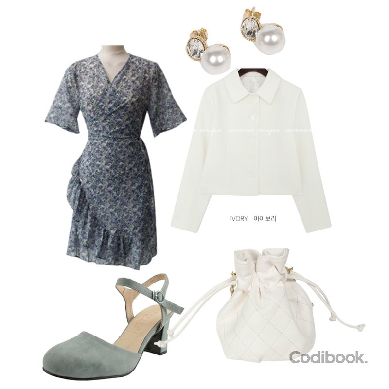 UPTOWN HOLIC 티모진주 e,MIXXMIX 미니미 퀼팅 복조리 백,designershoes 메리제인 백 오픈 하이힐 그레이등을 매치한 코디