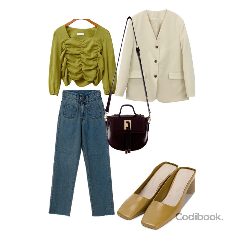 biznshoe Half moon tote & cross bag (2color)* 소가죽,somedayif 코어 스퀘어 미들 힐 뮬,WONLOG 샌드 노카라 자켓등을 매치한 코디