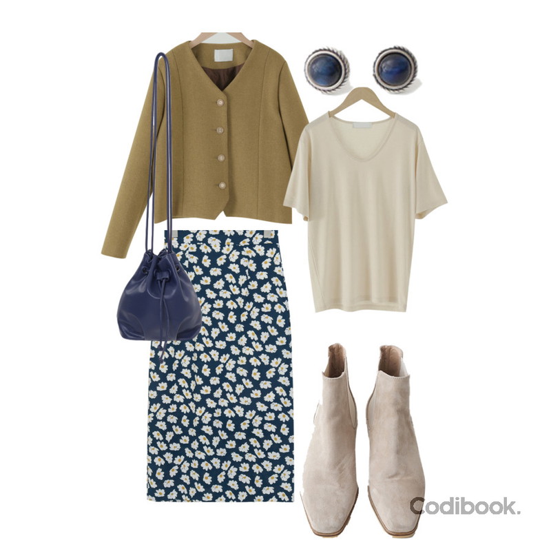 AFTERMONDAY bluetiger gemstone earrings,From Beginning Dandelion H-line long skirt_Y (size : S,M),AFTERMONDAY wooden chelsea boots (3colors)등을 매치한 코디