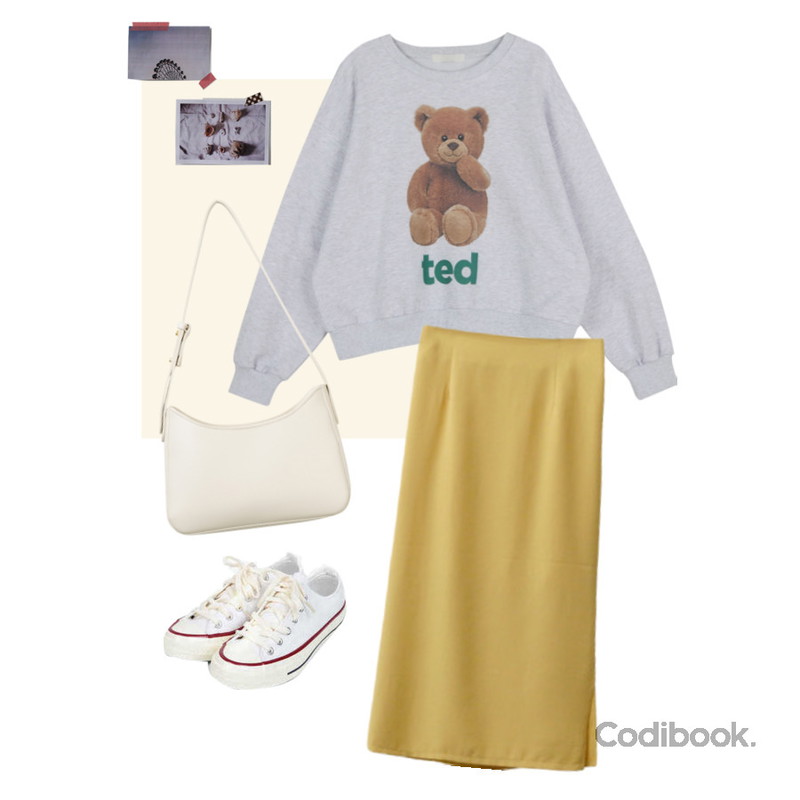 AIN taylor canvas sneakers (225-250),somedayif 테드 프린팅 크루넥 스웨트셔츠,somedayif 뮤트 버클 숄더 백등을 매치한 코디