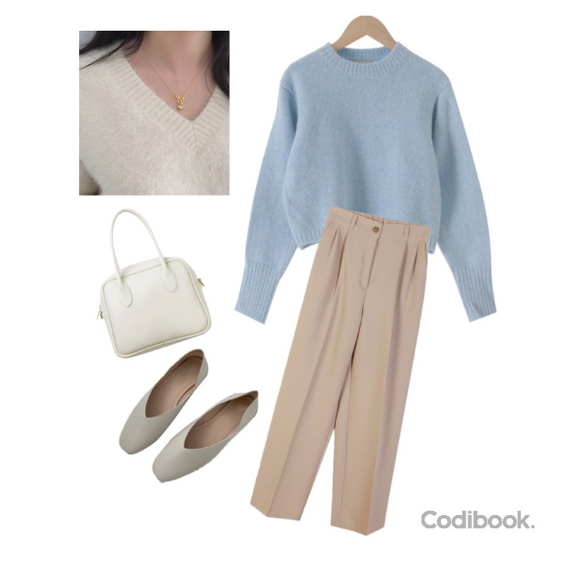 lavenir (made lavenir) morelove necklace,AWAB 딜리즈브이플랫(1cm),From Beginning 코튼캔디 라운드크롭니트 (6color)등을 매치한 코디