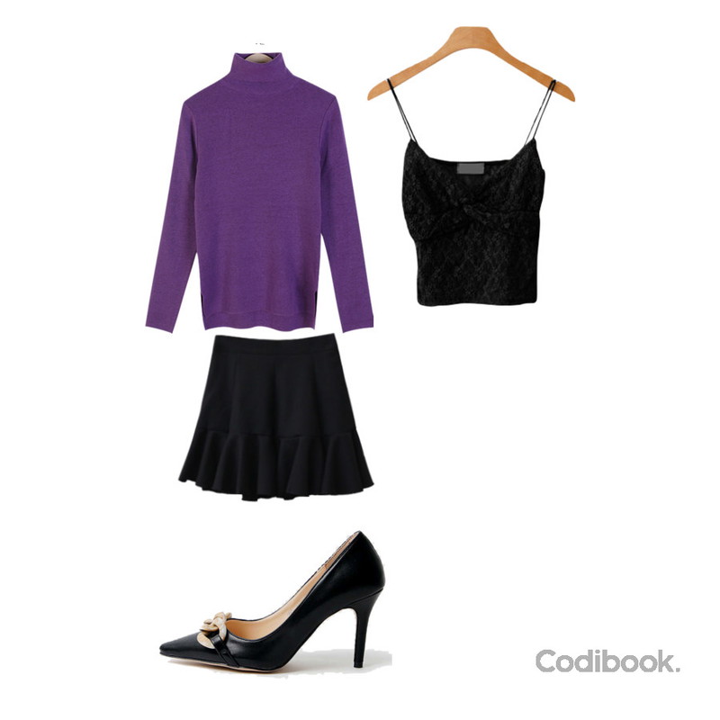 dangosister 멜론폴라니트(12c),LOVELY SHOES 팬시 스틸레토 하이힐 9cm,ENVYLOOK 꼬임레이스뷔스티에등을 매치한 코디