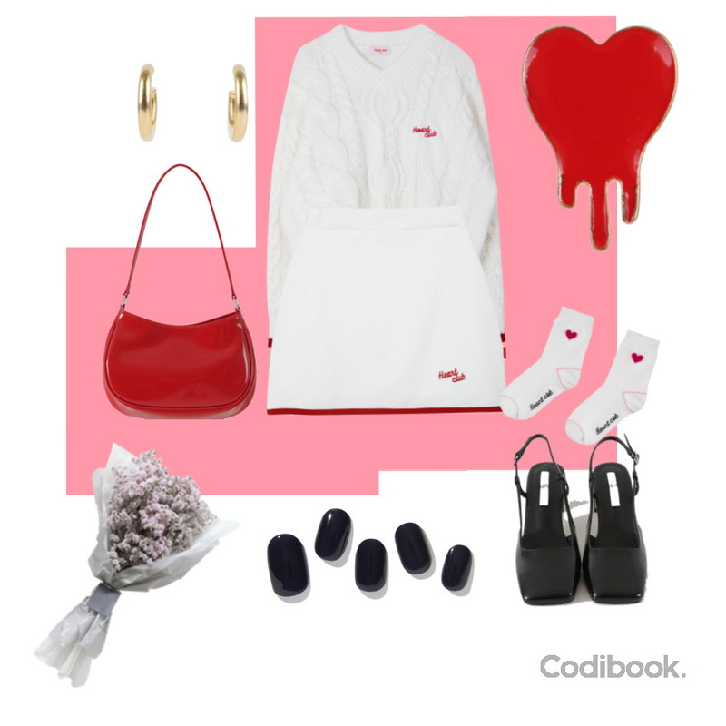 Zemma World 하트쨈-반지,MIXXMIX Heart Point Socks,MIXXMIX Heart Line Band Skirt등을 매치한 코디