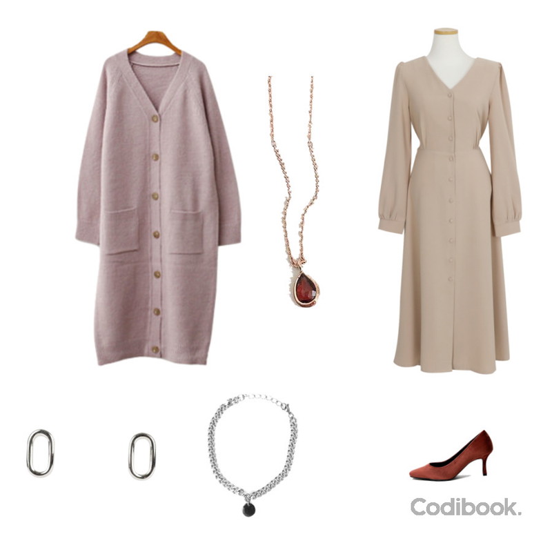openthedoor circle chain bracelet,ENVYLOOK 소울버튼롱가디건,lavenir (silver925) rose drop necklace등을 매치한 코디