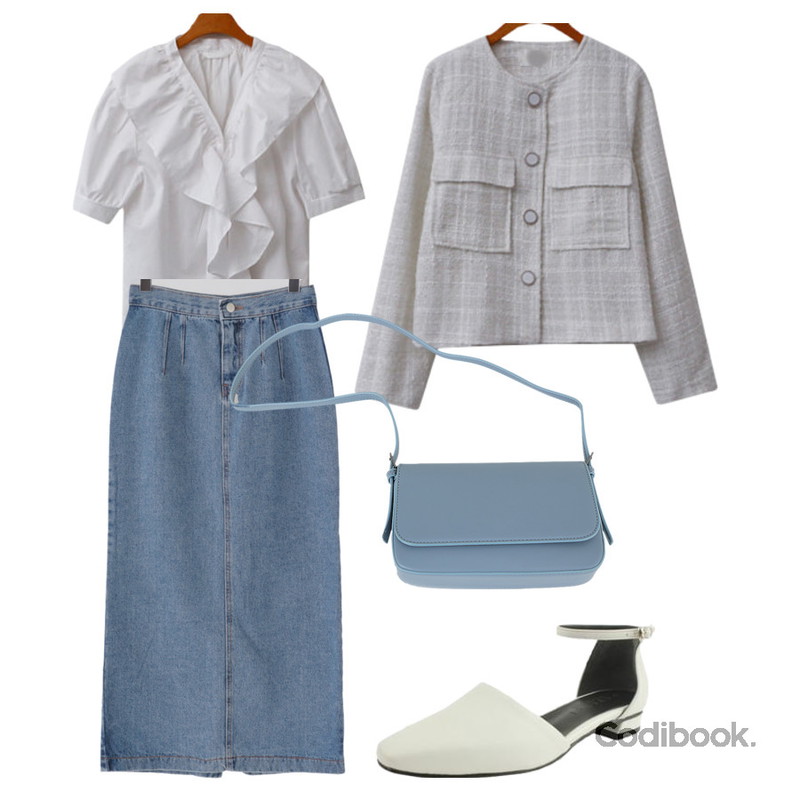 WONLOG 투웨이 스퀘어 백,designershoes 사각코 스트랩 플랫슈즈 화이트,ENVYLOOK 아이니셔링블라우스등을 매치한 코디