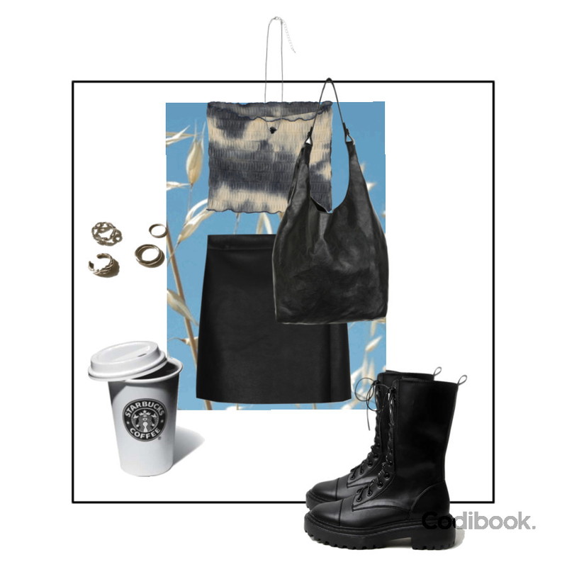 openthedoor pouch set leather tote bag (2 color),common unique LAOM LAYERED RING 4 SET,AWAB 레더랩미니스커트(2color/반밴딩)등을 매치한 코디