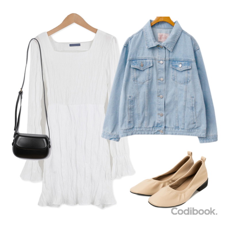 VANILLAMILK 아루몽 라운드 미니 크로스백,Codibook Delight Wrinkle Mini Chiffon Dress,somedayif 데니 셔링 플랫 슈즈등을 매치한 코디