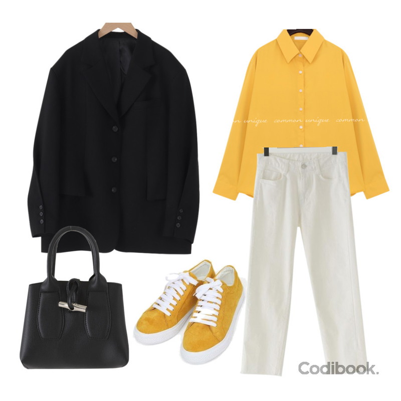 AIN joy color sneakers (225-250),From Beginning 스토리 컷팅슬림일자팬츠 (4color),common unique RAVIN SILKY UNBAL BLOUSE등을 매치한 코디