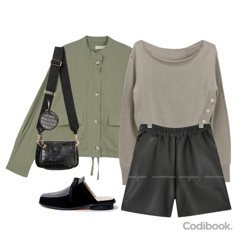 common unique HOKI BANDING LEATHER SHORTS,LOVELY SHOES 진심 블로퍼 2cm,WONLOG 언발 버튼 니트등을 매치한 코디