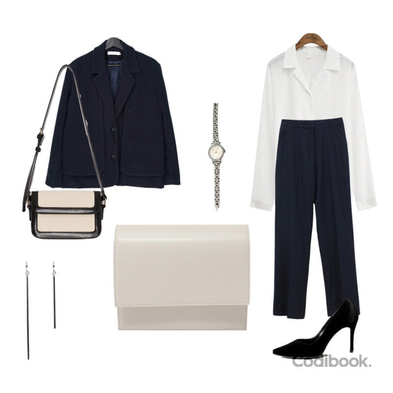 biznshoe Silver stick earring,common unique ANN COTTON V NECK SHIRTS,ENVYLOOK 큐빅메탈와치등을 매치한 코디
