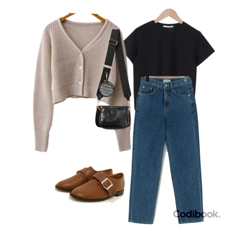 common unique PRISON BUCKLE LOAFER,ENVYLOOK 미니크롭가디건,Codibook Delight Unicorn stitch straight denim pants등을 매치한 코디